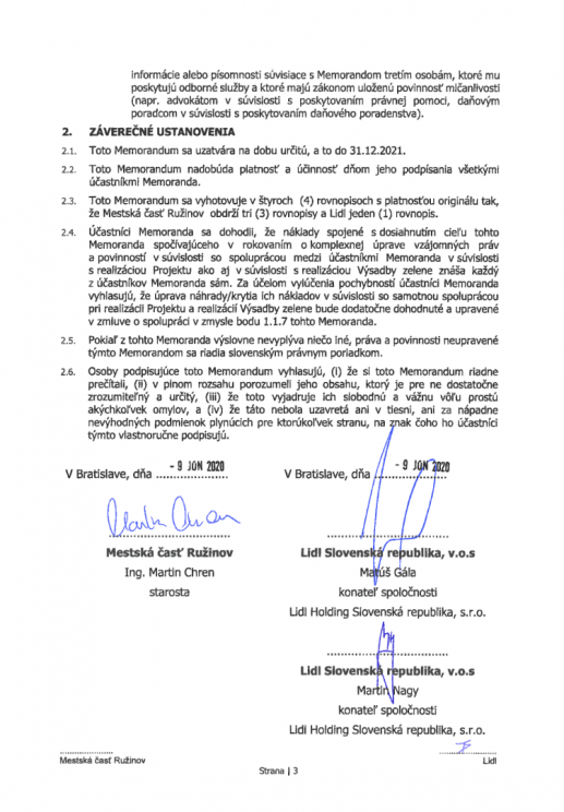 Memorandum o spolupráci pri projekte "Bude to Haluz" podpísané medzi Lidlom a MČ Ružinov - strana 3